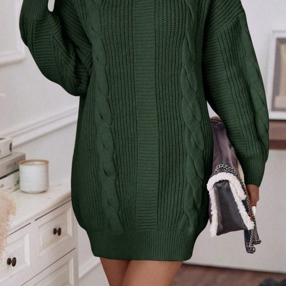 Mint Green Casual Womens Turtleneck Cable Knit Drop Shoulder Sweater Dress - Picture 3 of 5